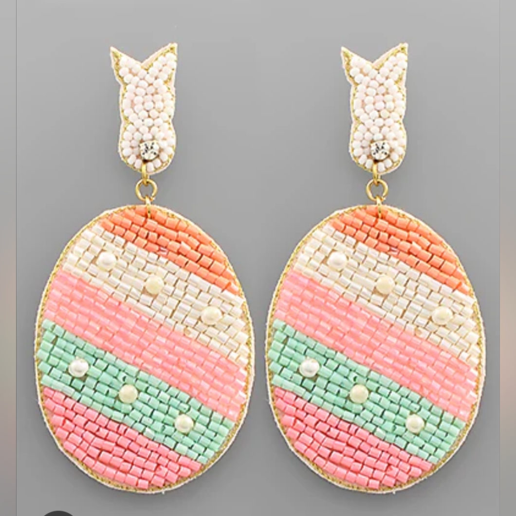 Easter Egg Light Weight Beaded Earrings In Coral And Green Faux Pearls